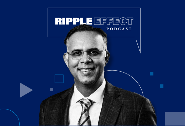 Black and white headshot of a person in a suit and tie against a blue background with geometric patterns. Text reads: "RIPPLE EFFECT PODCAST."