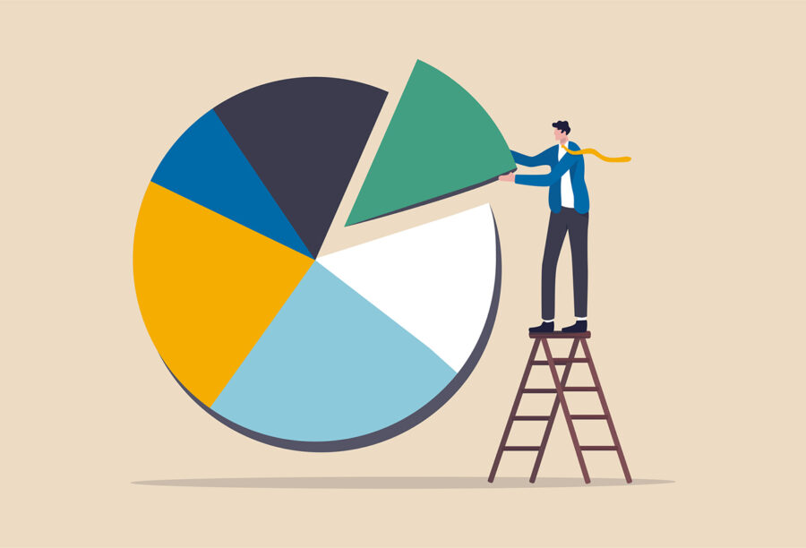 Illustration of a person on a ladder adding a slice to the pie chart to show bank diversification