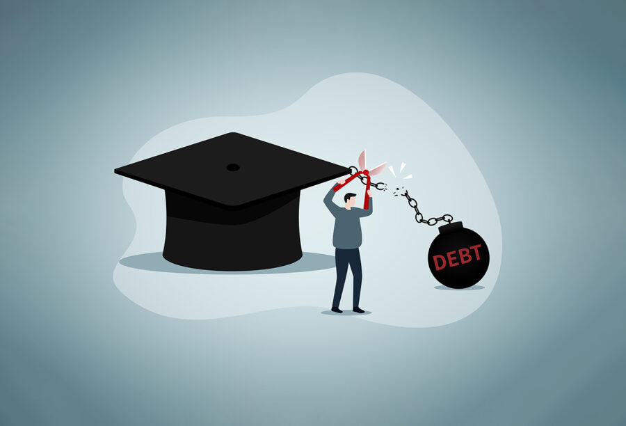 Illustration of person cutting a weight of debt off a college graduation cap to show student loan debt forgiveness