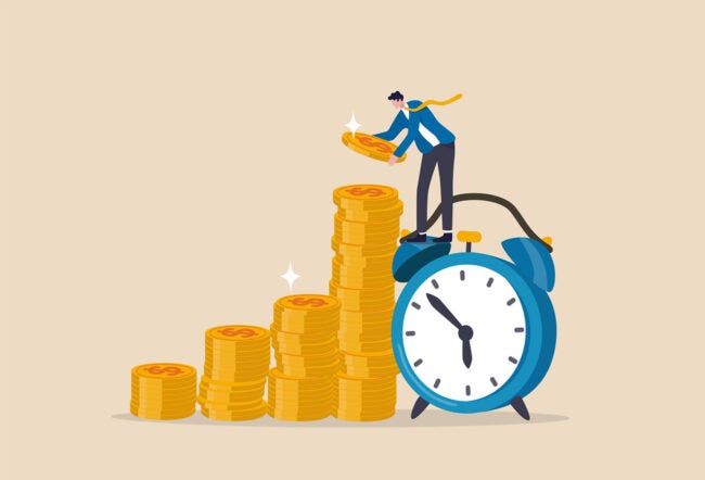 An illustration of a person stacking gold coins on top of a growing pile next to a large clock, representing the concept of time and money management.