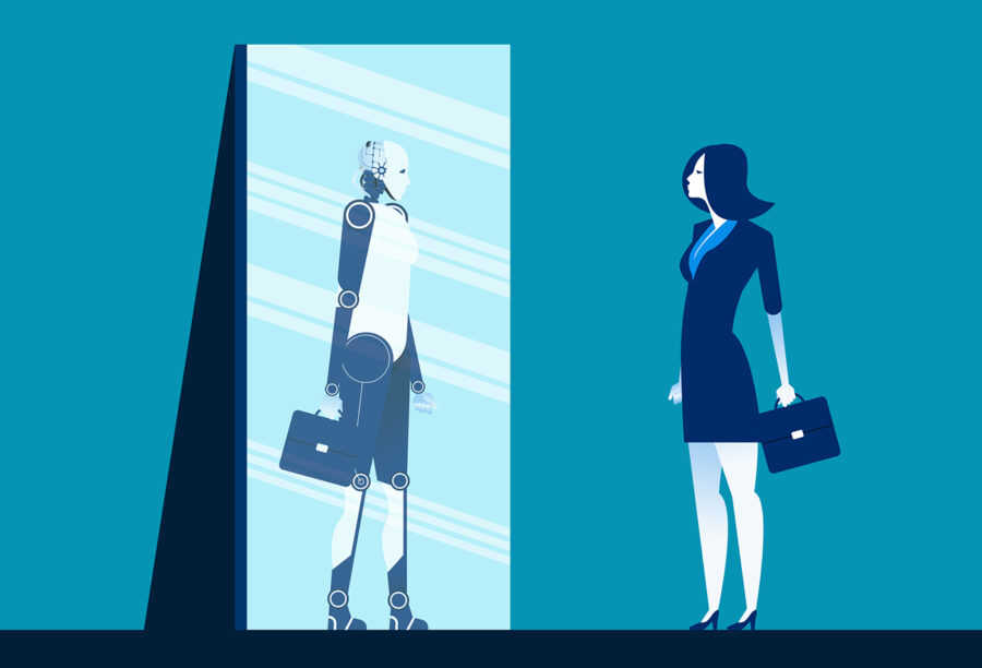 Illustration of woman staring at herself in the mirror and seeing a robot in the reflection and wondering will AI replace humans