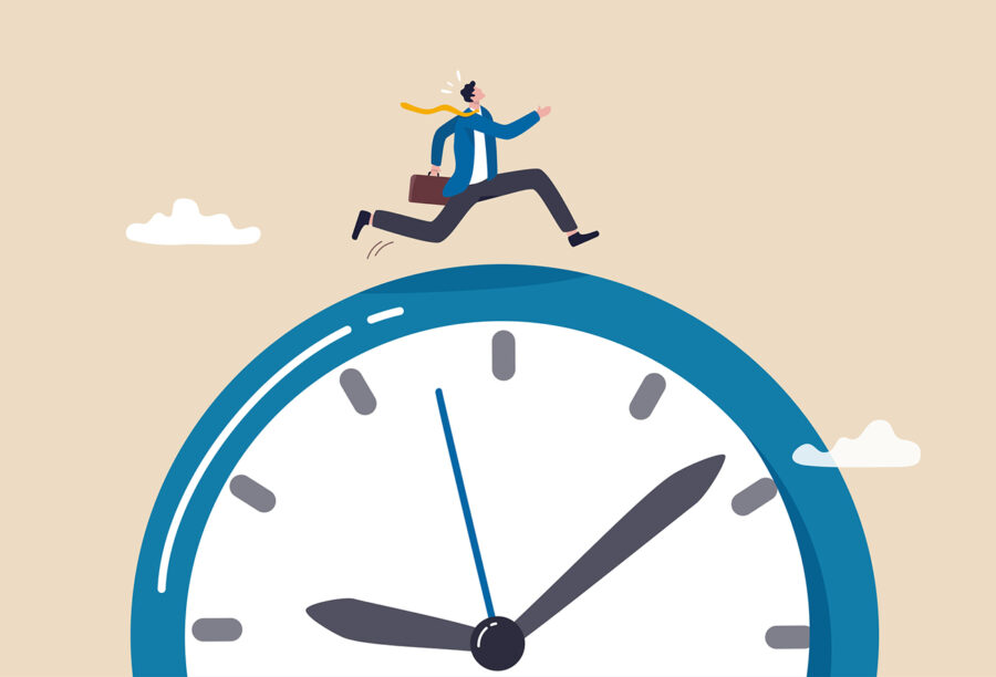 Illustration of a businessman running top of a giant clock to maximize productivity