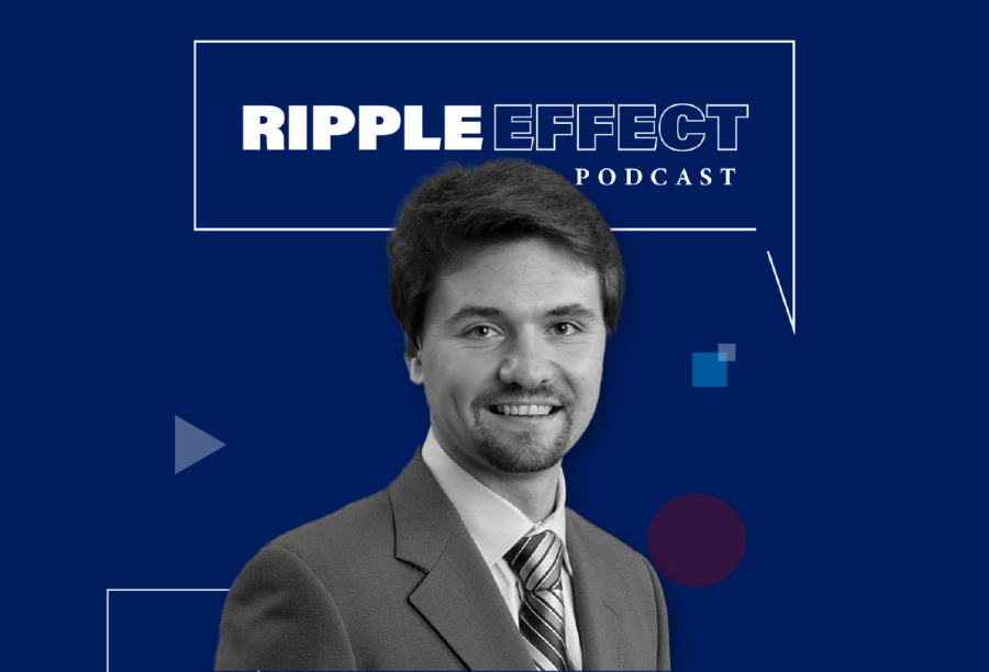 Headshot of Nikolai Roussanov in front of Ripple Effect podcast logo for his episode on What are the signs of a recession