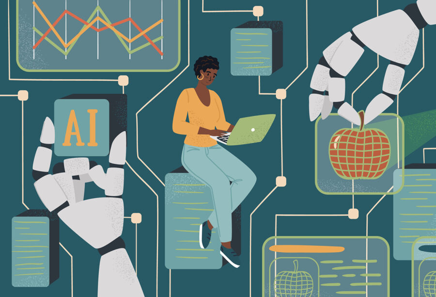 Illustration of a woman of color working together with AI to show why diversity is critical for the future of AI
