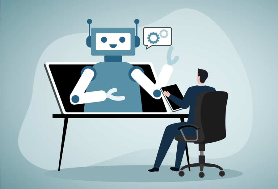 Illustration of a business leader talking with a chatbot at work to show how generative AI investments and AI adoption is growing in the U.S.