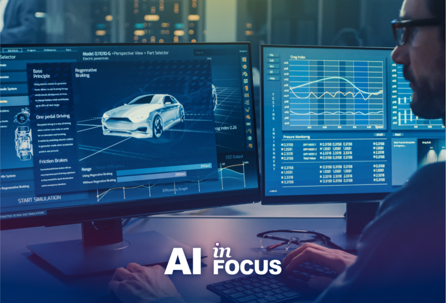 Person looking at a car model on a computer screen to show how AI is changing the auto industry with a text overlay that reads "AI in Focus"