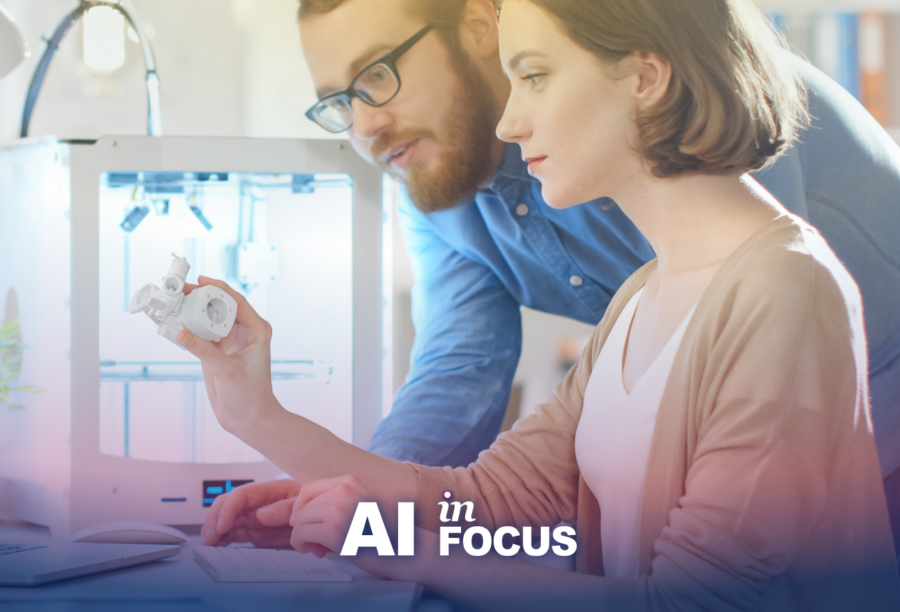 Two employees looking at a product sample to show how AI affects innovation management with a text overlay that reads "AI in Focus"