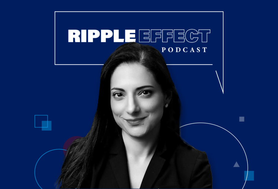 Headshot of Pinar Yildirim in front of Ripple Effect podcast logo for her episode on Redefining modern luxury consumption