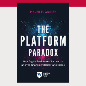 Book cover for "The Platform Paradox" by Mauro F. Guillén, featuring colorful digital pattern graphics on a dark background.