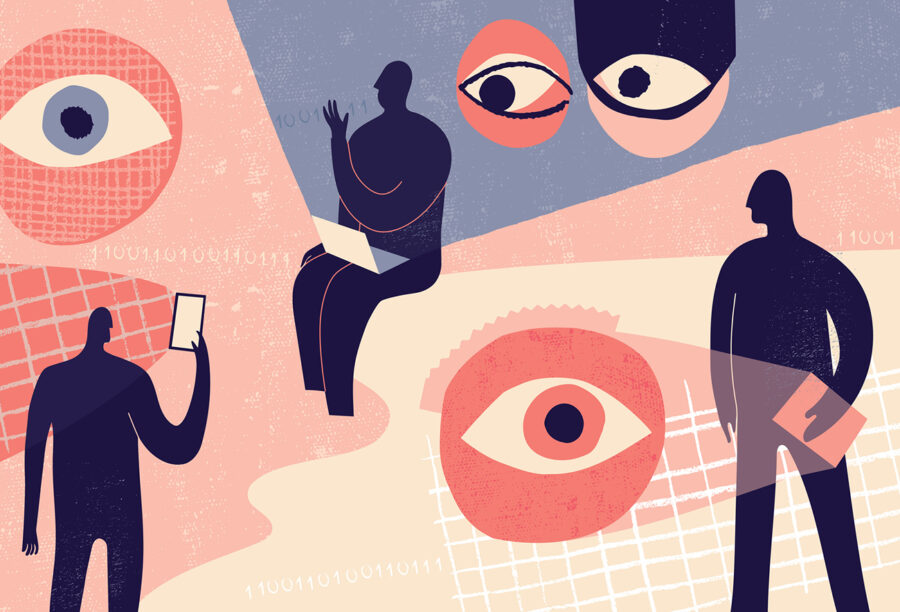 Illustration of figures using phones, laptops and other devices with giant eyes staring at them to show how data privacy concerns impact firm performance