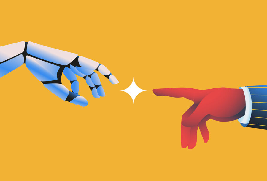 Illustration of a robot hand reaching for a human hand representing the potential for AI implementation