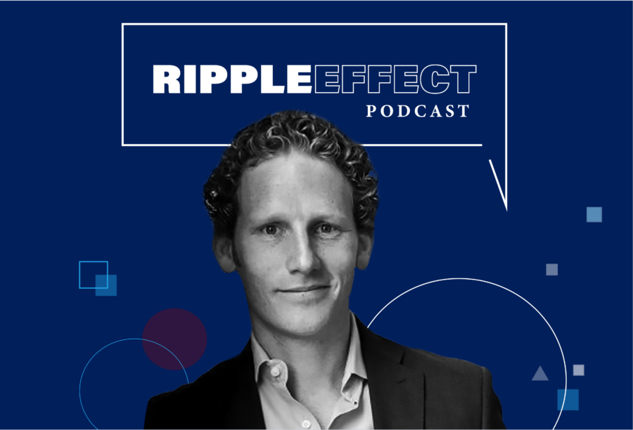 Headshot of Jonah Berger in front of Ripple Effect podcast logo for his episode on The psychology of hoarding