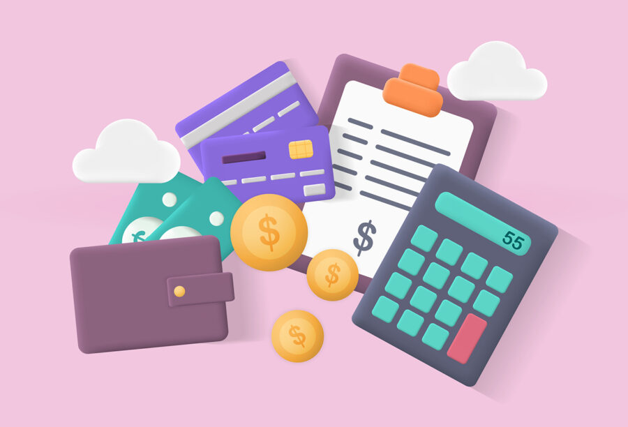 Colorful illustration of items you need for a financial health day, including a calculator, clipboard with financial statements, credit cards, and wallet