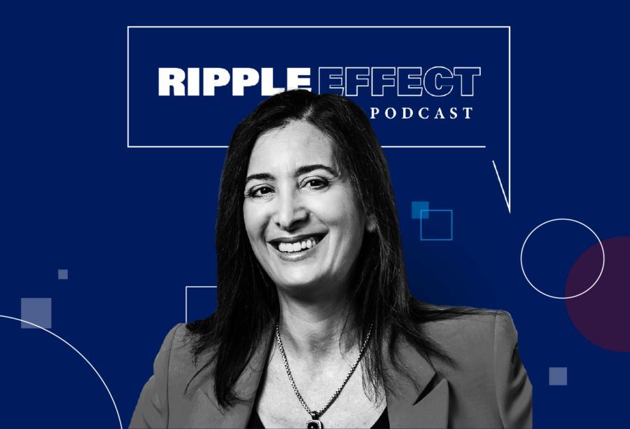 Headshot of Nancy Rothbard in front of Ripple Effect podcast logo for her episode on Sponsorship vs. Professional Mentoring for Women Leaders