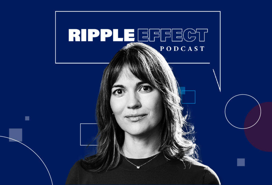 Headshot of Rebecca Schaumberg in front of Ripple Effect podcast logo for her episode on How leadership is defined differently for women