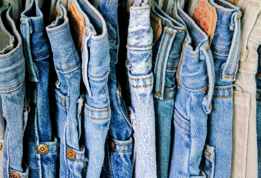 Closeup of a rack of jeans