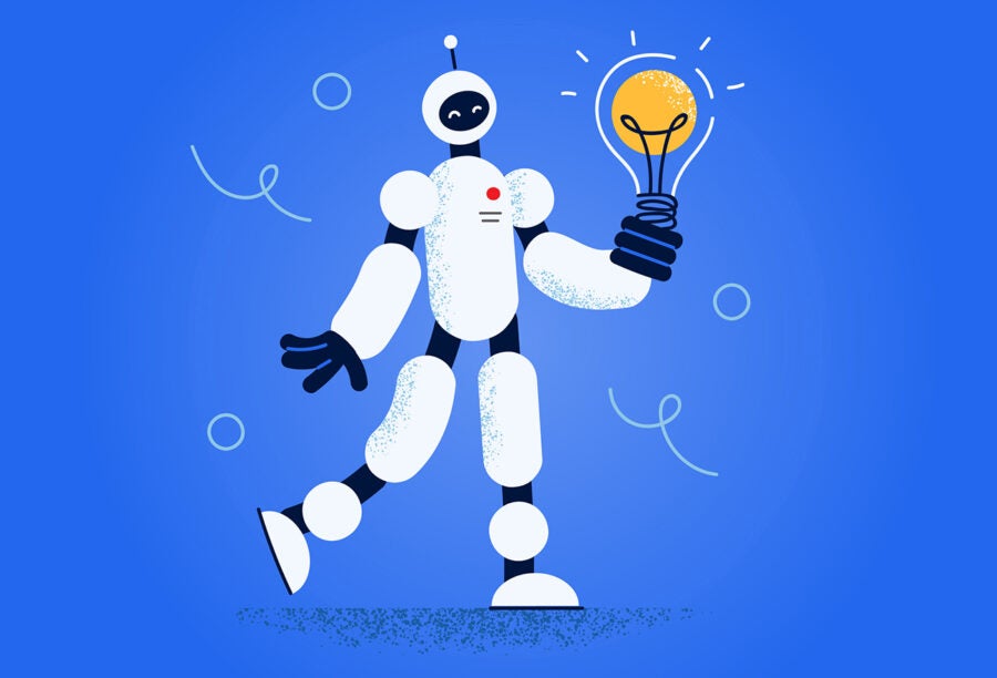 Illustration of a robot holding a lightbulb to show how generative AI is helping business leaders