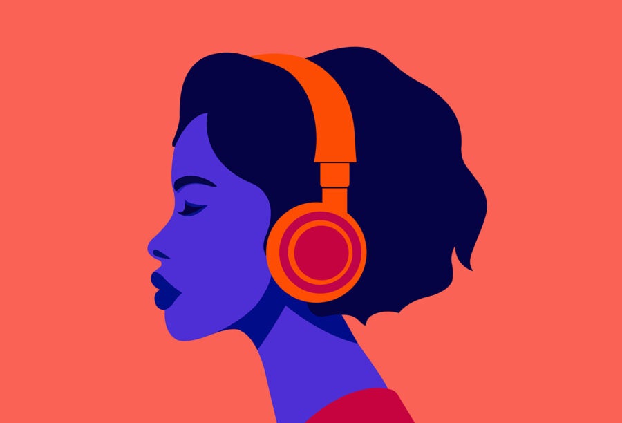 Colorful illustration of a woman in profile wearing headphones and listening to music