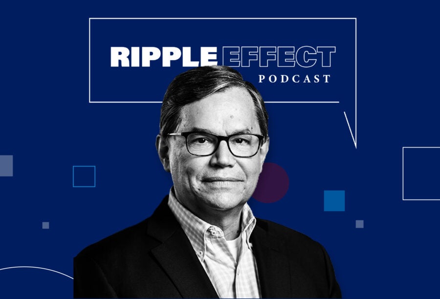 Headshot of Joe Gyourko in front of Ripple Effect podcast logo for his episode on the next crisis in real estate: empty office buildings