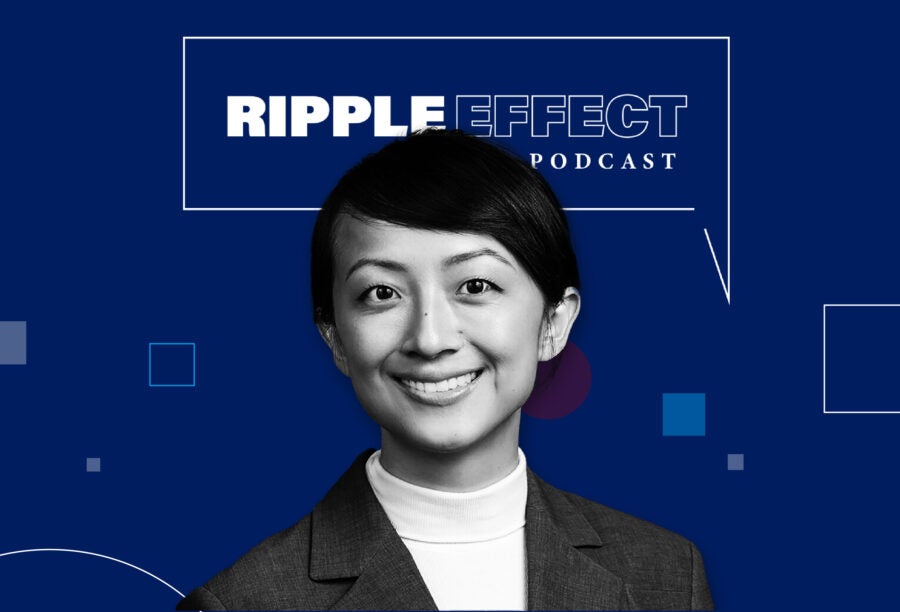 Headshot of Lu Liu in front of Ripple Effect podcast logo for her episode on why the U.S. Housing Market Has Homeowners Stuck