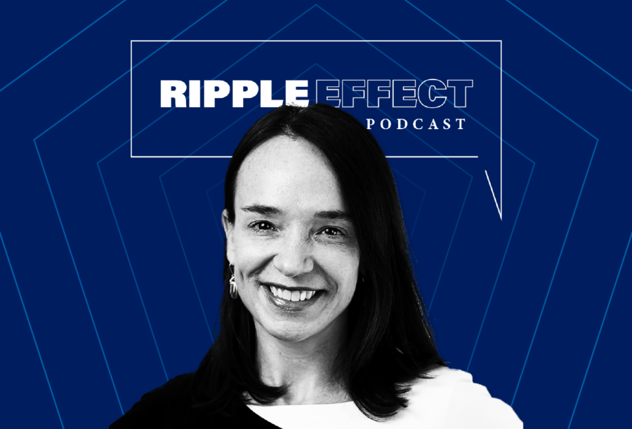 Headshot of Cait Lamberton in front of Ripple Effect podcast logo for her episode on her book Marketplace Dignity