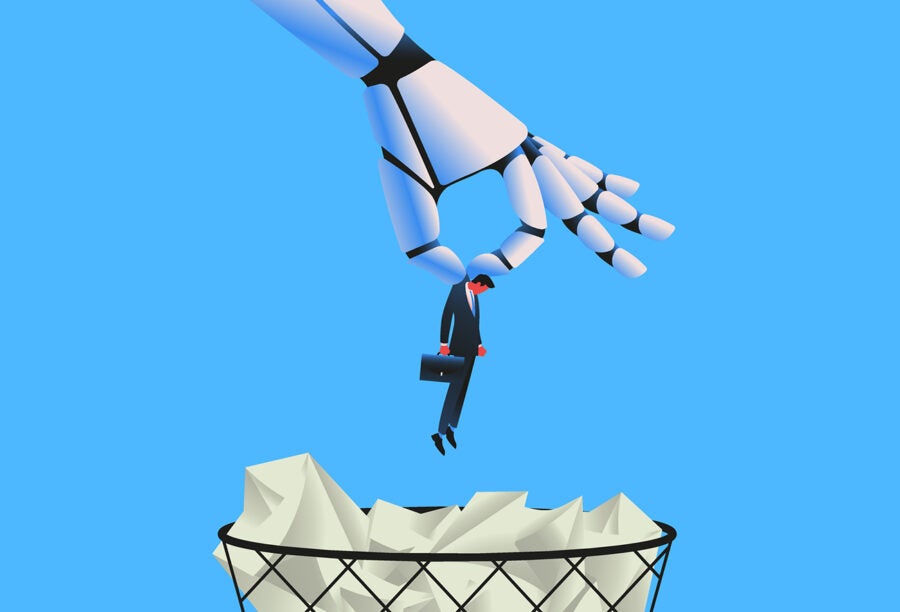 Illustration of a giant robot hand throwing a businessman in a trash can to show how AI may or may not replace you at work