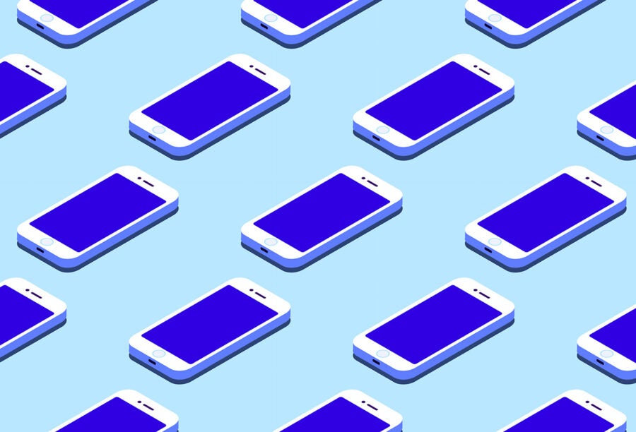 Illustration of mobile phones laid out on a blue surface