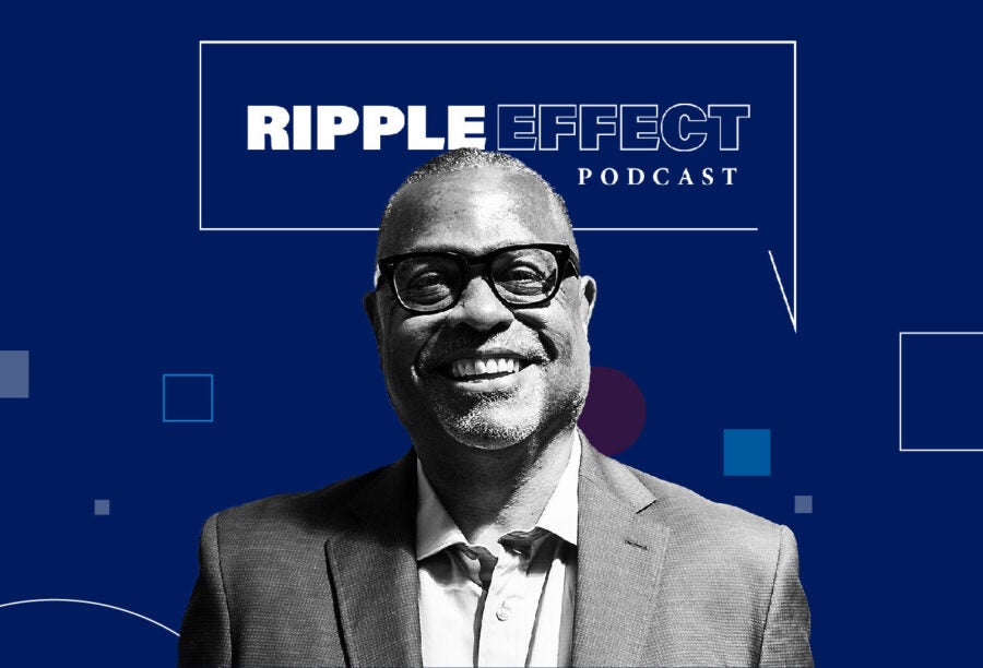 Headshot of Ken Shropshire in front of Ripple Effect podcast logo for his episode on compensating student athletes