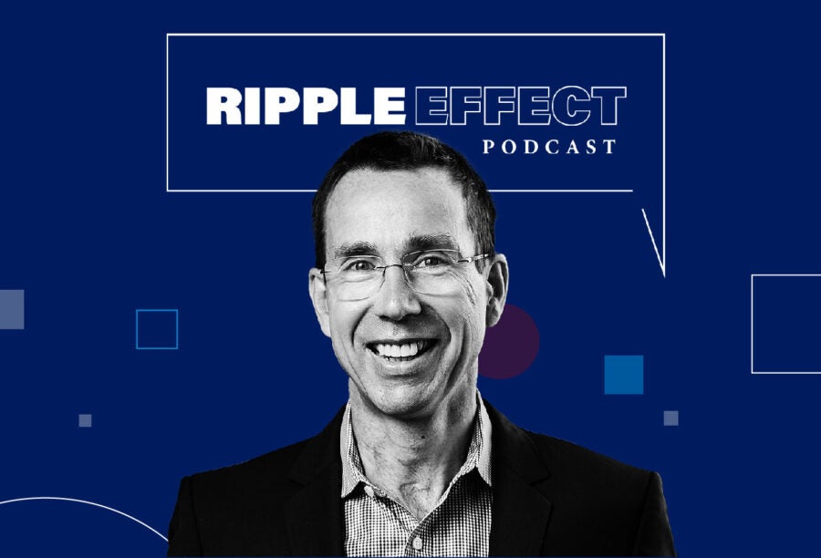 Headshot of Christian Terwiesch in front of Ripple Effect podcast logo for his episode on the impact of AI in education