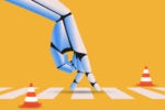 Illustration of a robot hand walking on a crosswalk between safety cones to show how prosocial AI can reduce the risk of AI