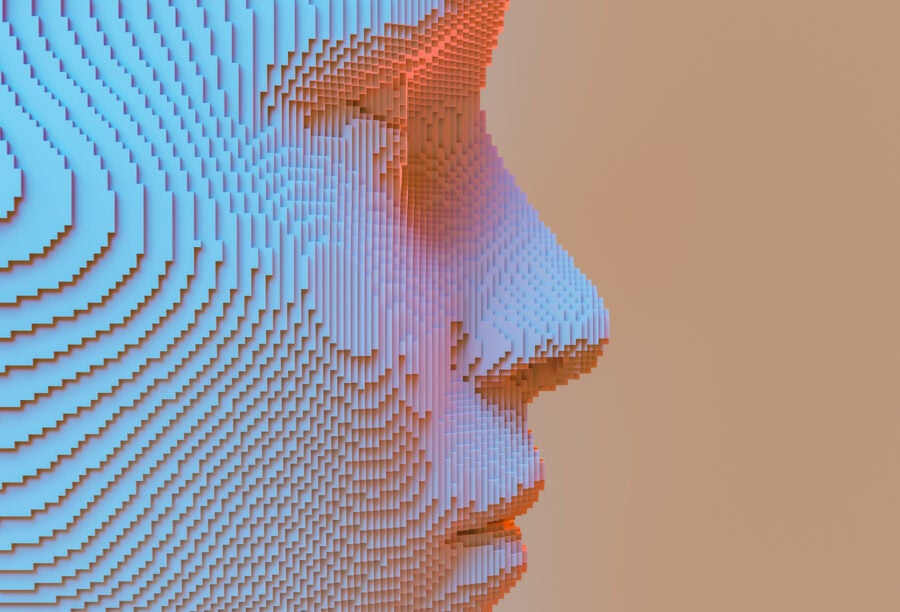 3D rendering of a pixelated human face in profile