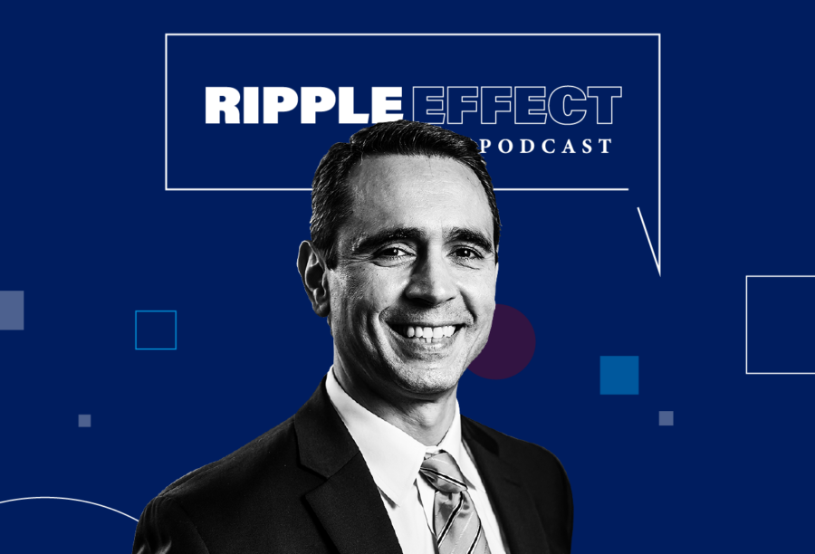 Headshot of Joao Gomes in front of Ripple Effect podcast logo for his episode on elections and national debt