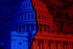 Edited image of Capitol Hill divided down the middle with red on one side and blue on the other and U.S. bills in the background