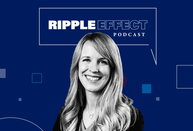 Headshot of Britta Glennon in front of Ripple Effect podcast logo for her episode on the Role of Firms in Immigration and Economic Prosperity