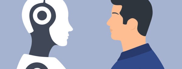 Illustration of a robot and a human staring at each other to show how workers are dealing with algorithmic management