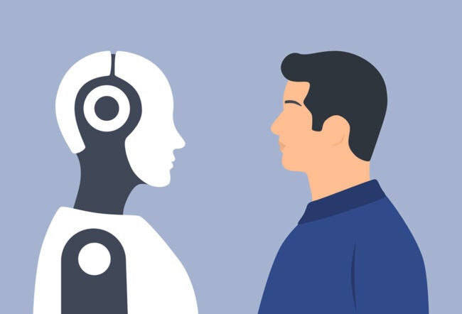 Illustration of a robot and a human staring at each other to show how workers are dealing with algorithmic management