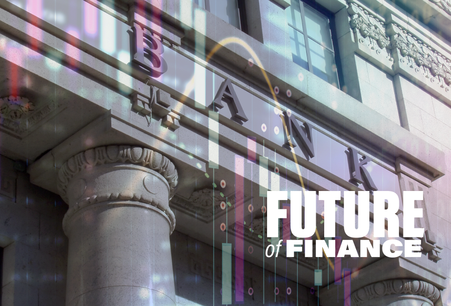 An image of a bank facade with classical columns and the word "BANK" prominently displayed. Overlaid are abstract, colorful data charts and the text "Future of Finance," representing modern financial technology and innovation.