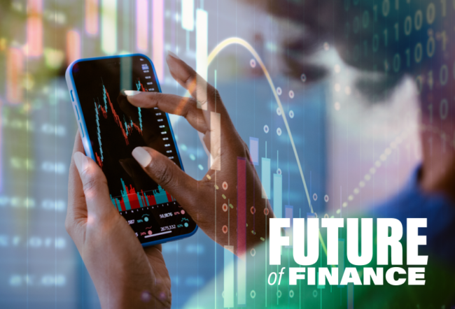 An edited image with someone using their smartphone behind a stock chart overlay and the words Future of Finance in the corner