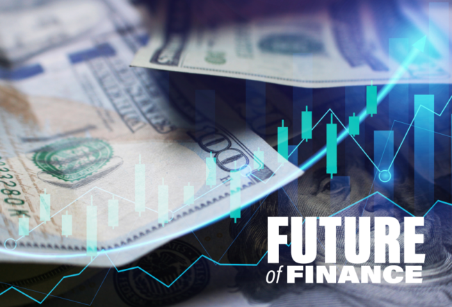 An edited image with American dollar bills behind a stock chart overlay and the words Future of Finance in the corner