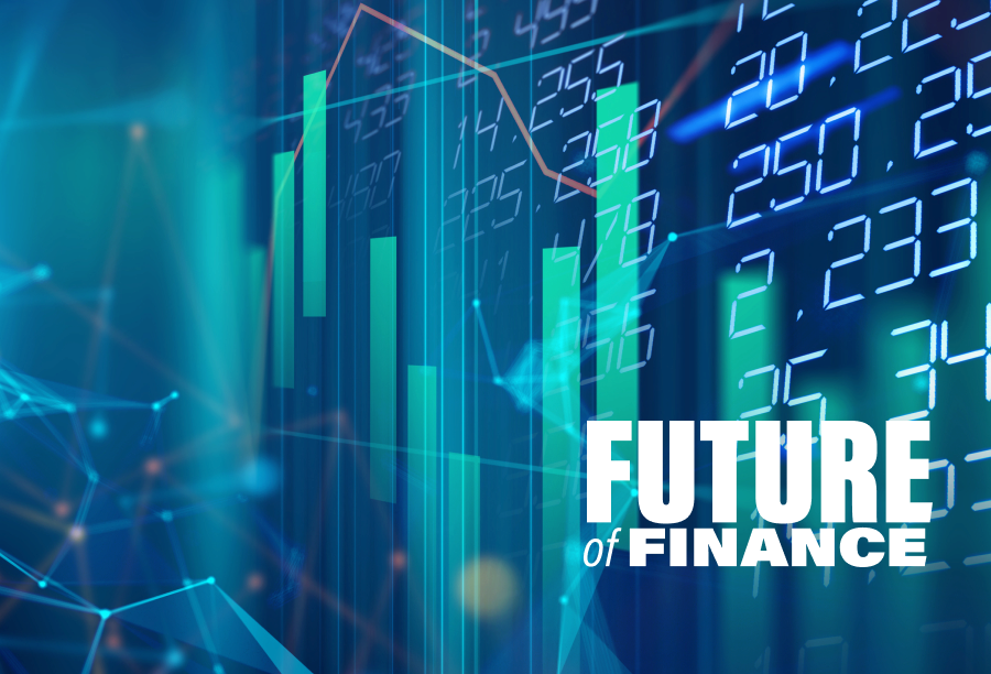 An edited image with digital numbers behind a stock chart overlay and the words Future of Finance in the corner