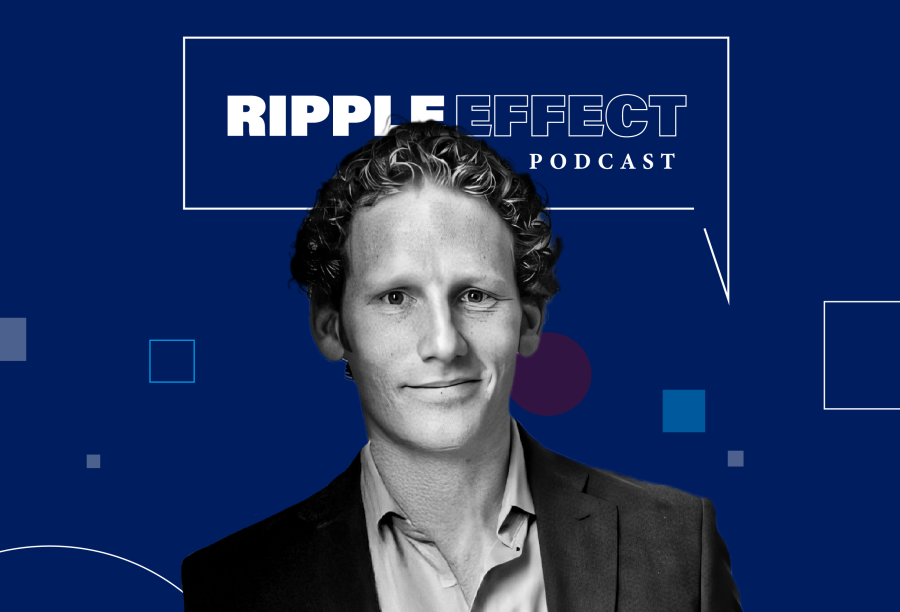 Headshot of Jonah Berger in front of Ripple Effect podcast logo for his episode on boosting donations through self-expressive choices