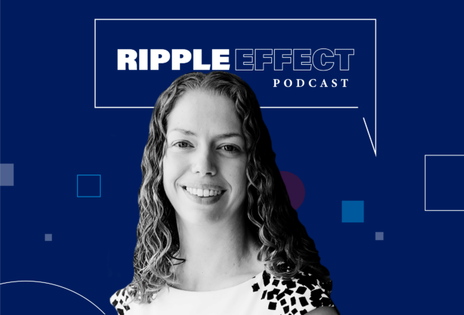 Headshot of Katy Milkman in front of Ripple Effect podcast logo for her episode on the best time to ask for donations