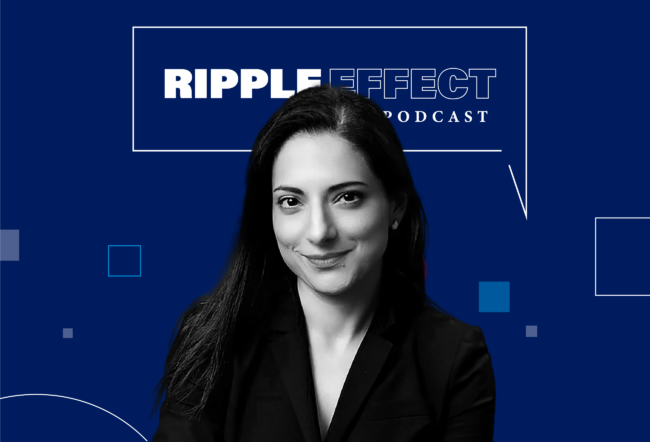 Headshot of Pinar Yildirim in front of Ripple Effect podcast logo for her episode on how charitable giving and political giving influence each other