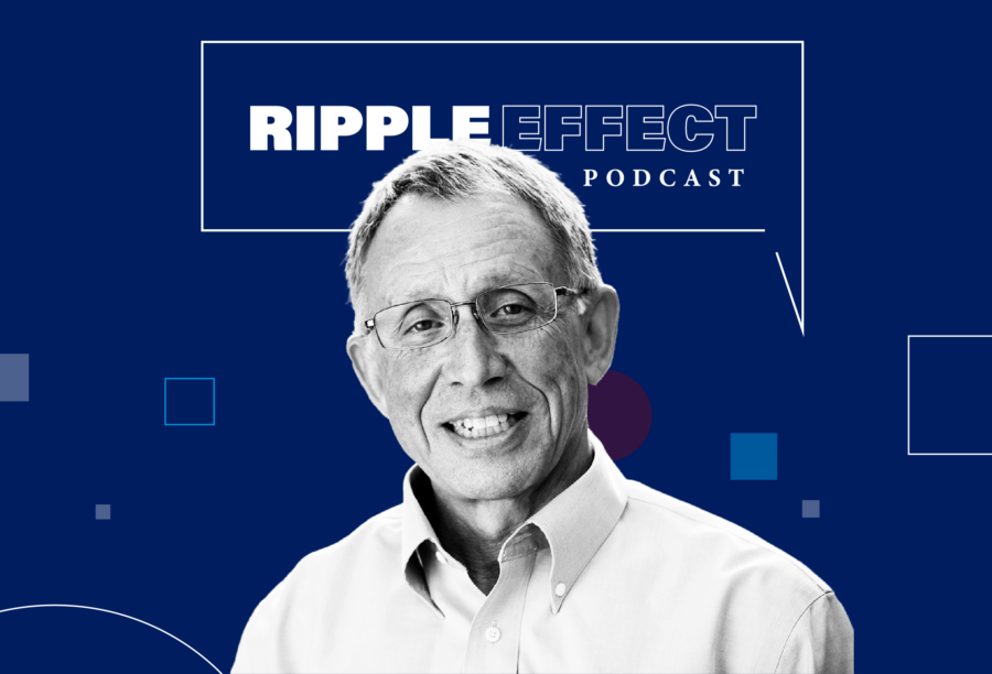 Headshot of Mike Useem in front of Ripple Effect podcast logo for his episode on leadership and elections