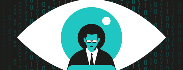 Illustration of a suited man working on a laptop with a giant eye watching him from behind and binary code in the background to imply AI regulation