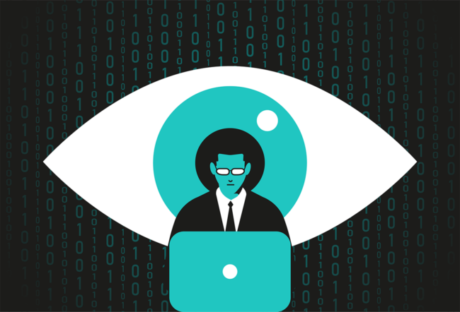 Illustration of a suited man working on a laptop with a giant eye watching him from behind and binary code in the background to imply AI regulation