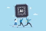 Illustration of three employees running while holding a giant computer chip with AI written on it to show AI adoption