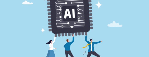 Illustration of three employees running while holding a giant computer chip with AI written on it to show AI adoption