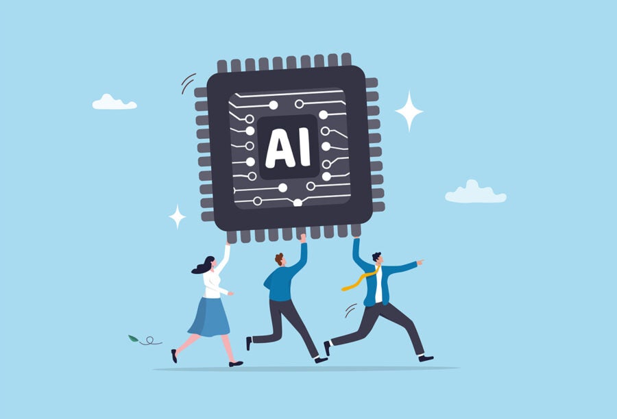 Illustration of three employees running while holding a giant computer chip with AI written on it to show AI adoption