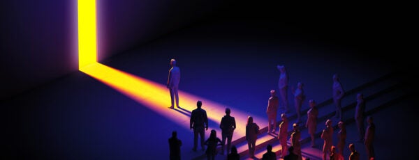 Illustration of a crowd of people gathering toward a strip of light shining through the gap in a wall to show how AI exclusion can impact humankind